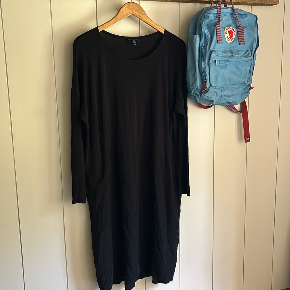 EILEEN FISHER M Black 100% Silk Baby Doll Empire Waist Tunic Dress 3/4 Sleeve